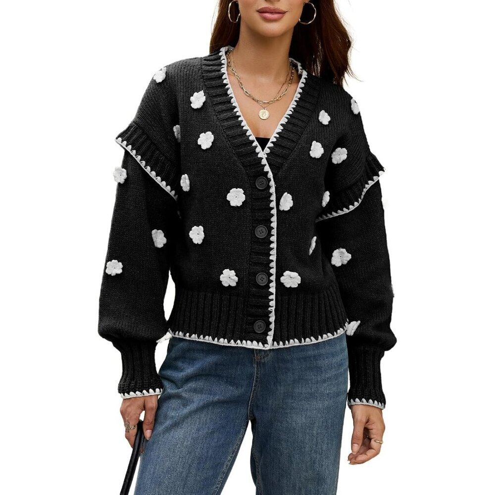Women's Floral Cardigan Sweater Chunky Knit Drop Shoulder V Neck Button - Picture 2 of 7